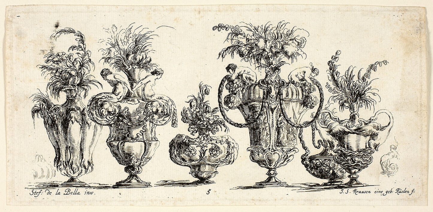 Plate Five from Raccolta di Vasi diversi di Stef. de la Bella Fiorentino -  Johanna Sibylla Kusell (Kuslin Kraus) (German, active 1650-1717),  Poster Print Wall Art