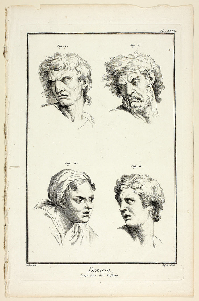 Drawing: Expressions of Emotion (Hate or Jealousy, Anger, Desire, Physical Pain), from Encyclopédie: A. J. Defehrt (French, active 18th century),16x12