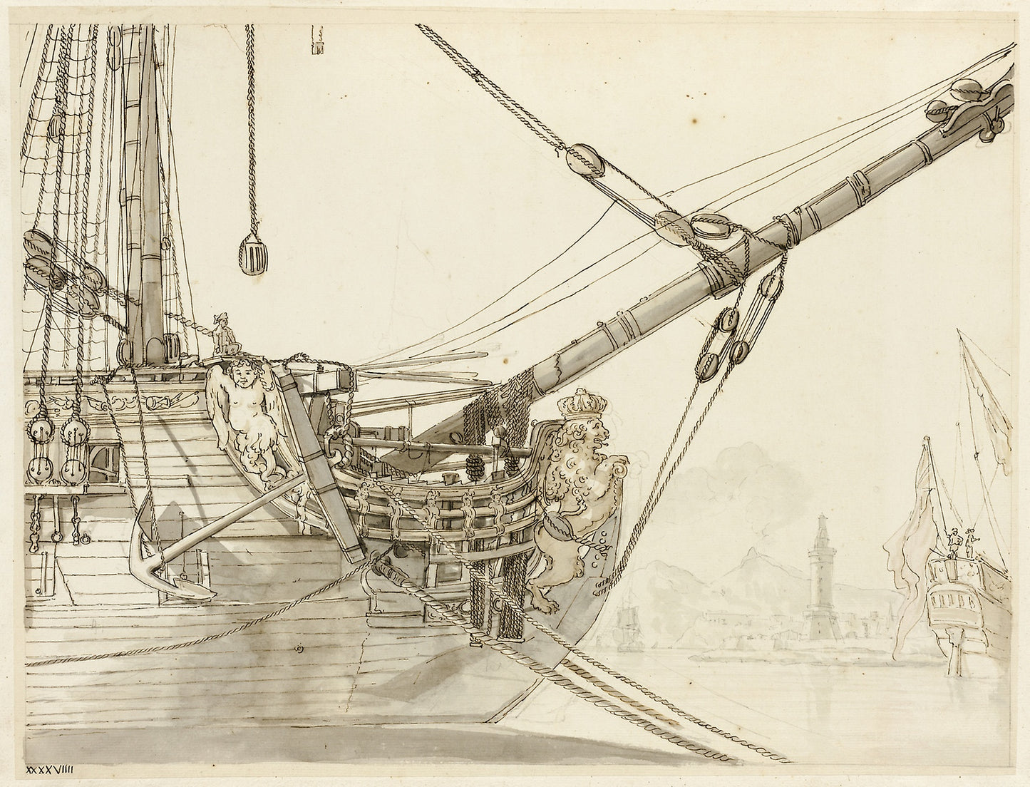 Study of a Warship's Prow with British Warships and Naples Harbor Beyond -  Claude-Joseph Vernet,  Poster Print Wall Art