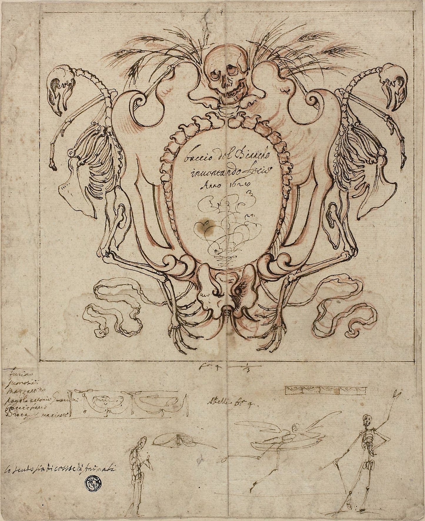 Funereal Cartouche with Inscription and Sketches of Skeletons and Ornamental Details -  Baccio del Bianco,  Poster Print Wall Art