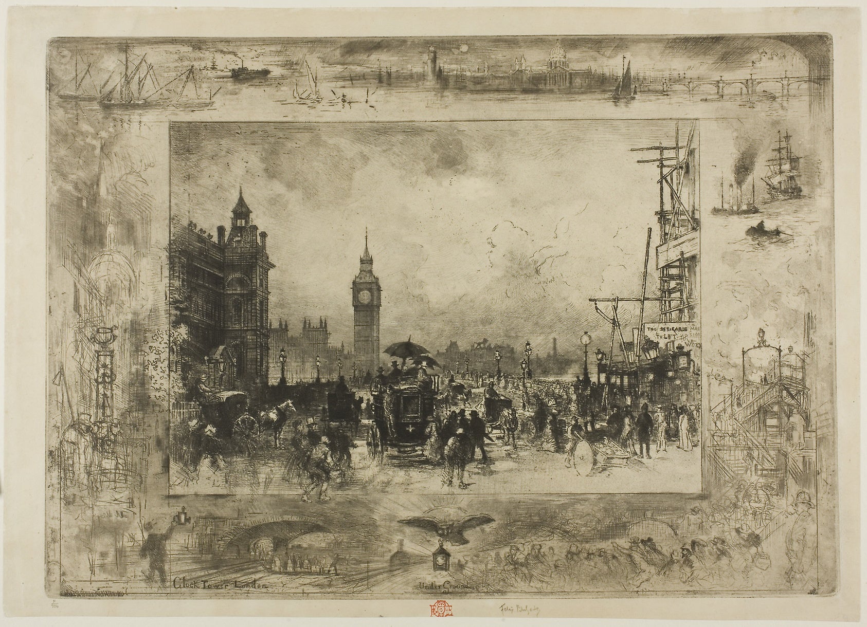 Westminster Clock Tower: Félix Hilaire Buhot,16x12"(A3) Poster