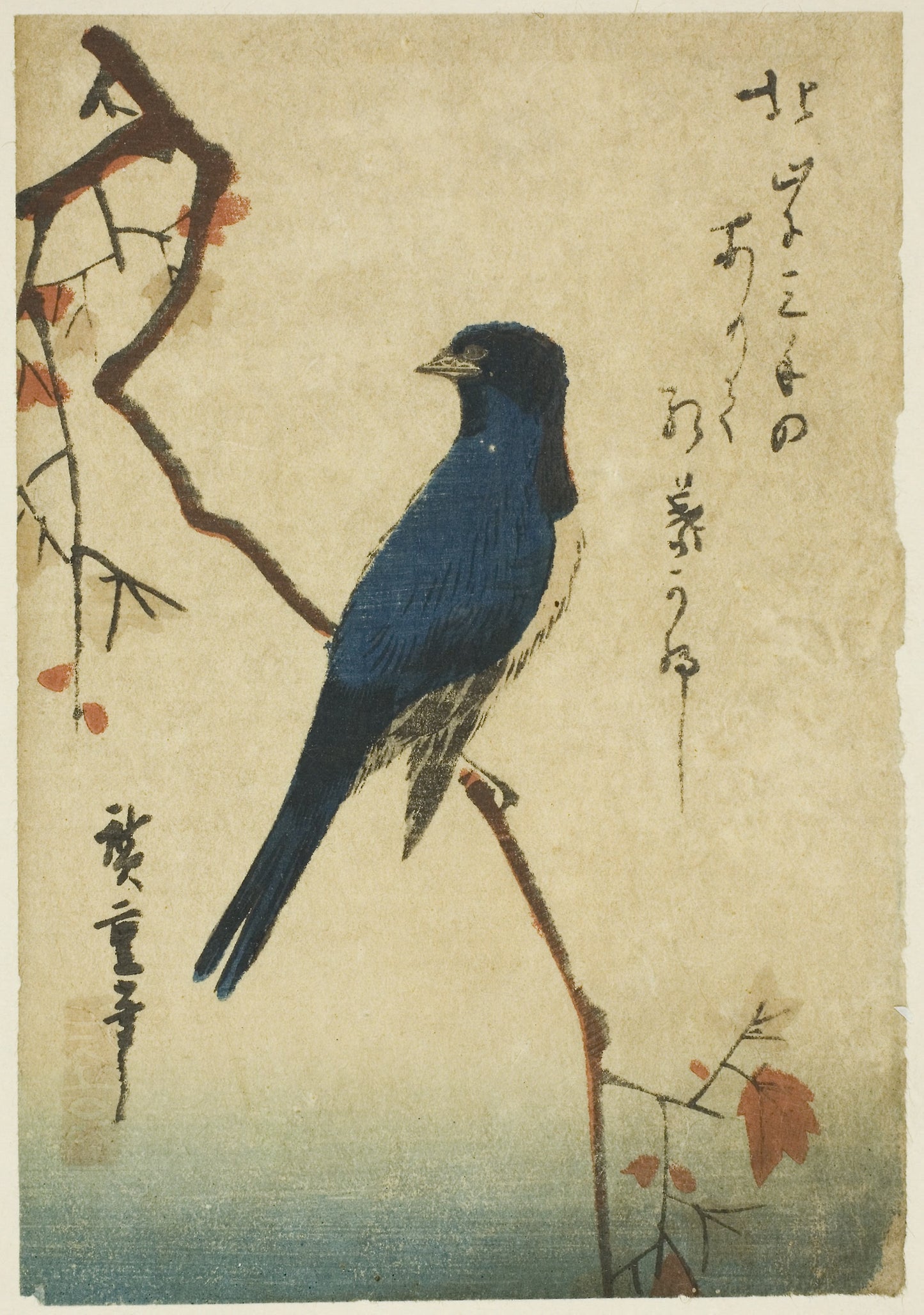Blue bird on maple branch -  Utagawa Hiroshige ?? ??,  Poster Print Wall Art