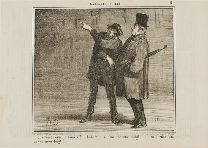 '- Can you see the comet?... just there, at the tip of my finger ... don't lose sight of my finger tip!, plate 5 La Cométe De 1857: Honoré Victorin Daumier,16x12