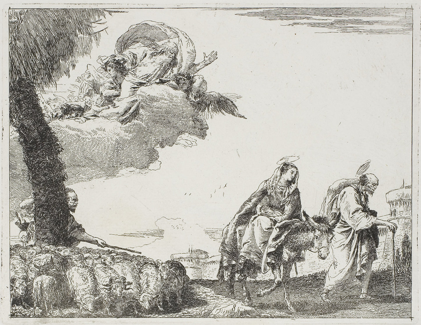 The Holy Family Walking Along a City Wall. On the left, a Shepherd with his Flock and God the Father, plate eight from The Flight into Egypt -  Giovanni Domenico Tiepolo,  Poster Print Wall Art