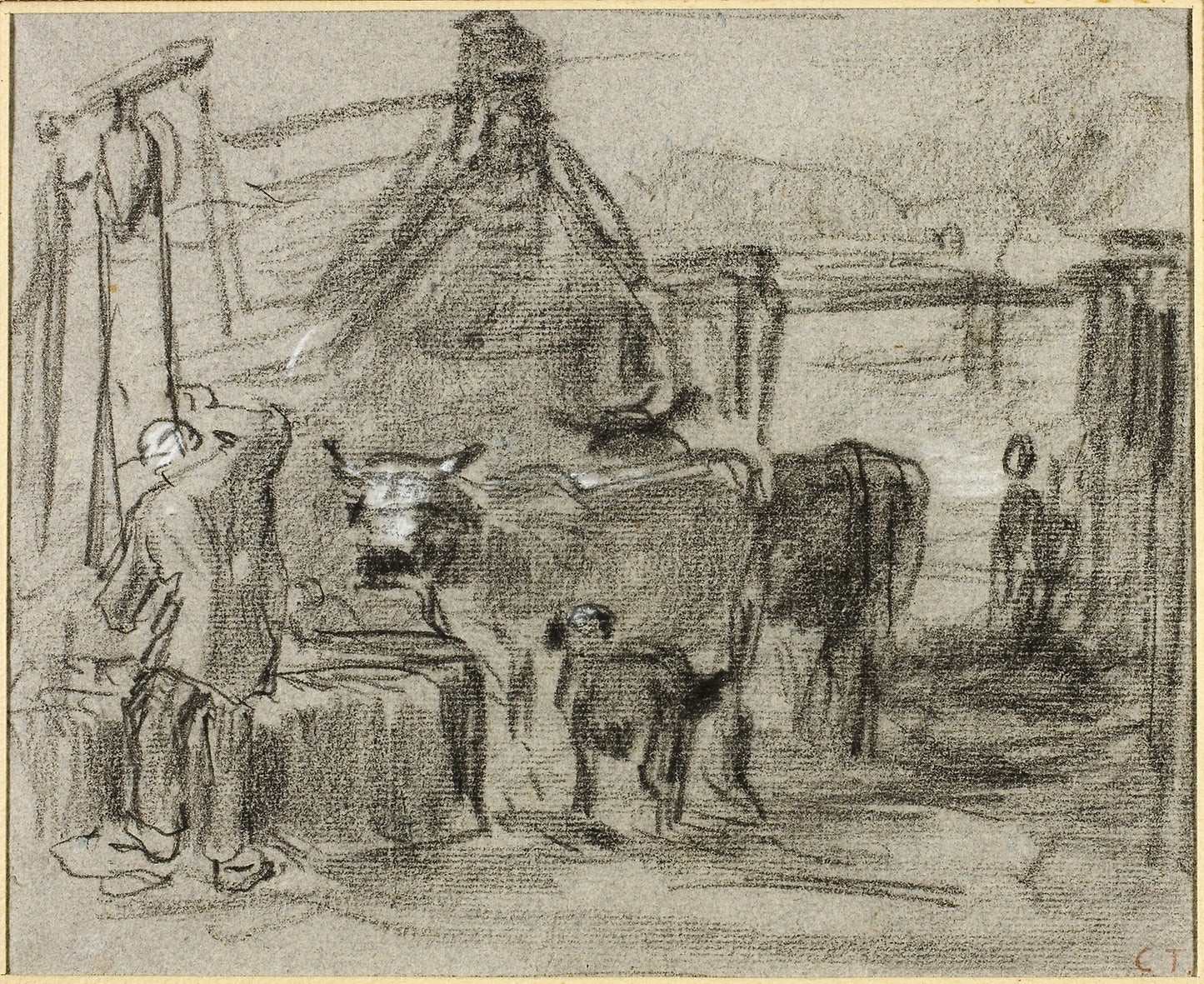 Farmyard with Man and Cattle -  Constant Troyon,  Poster Print Wall Art