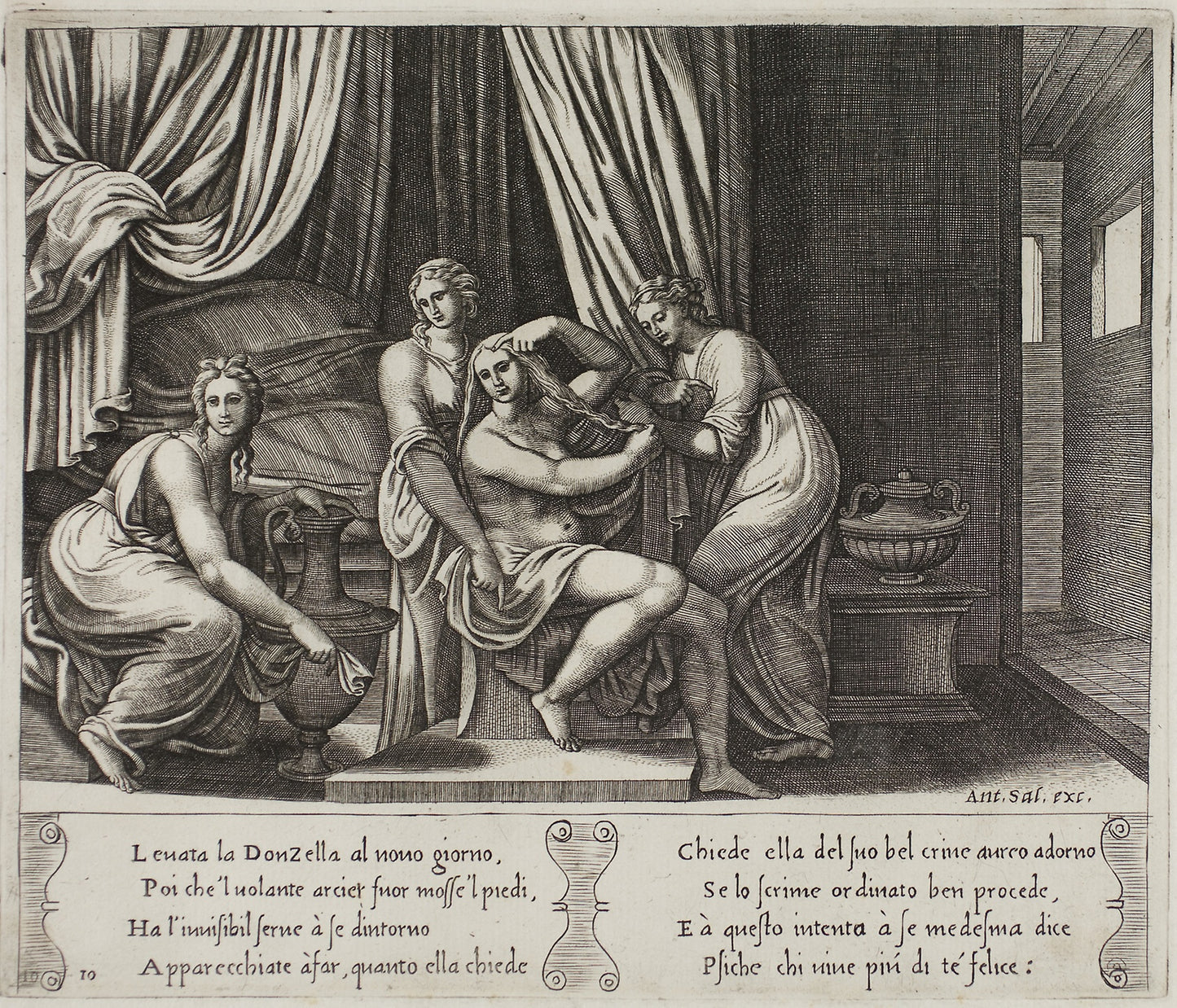 Nymphs Helping Psyche with Her Toilette -  Master of the Die (Italian, active c. 1530-1560),  Poster Print Wall Art