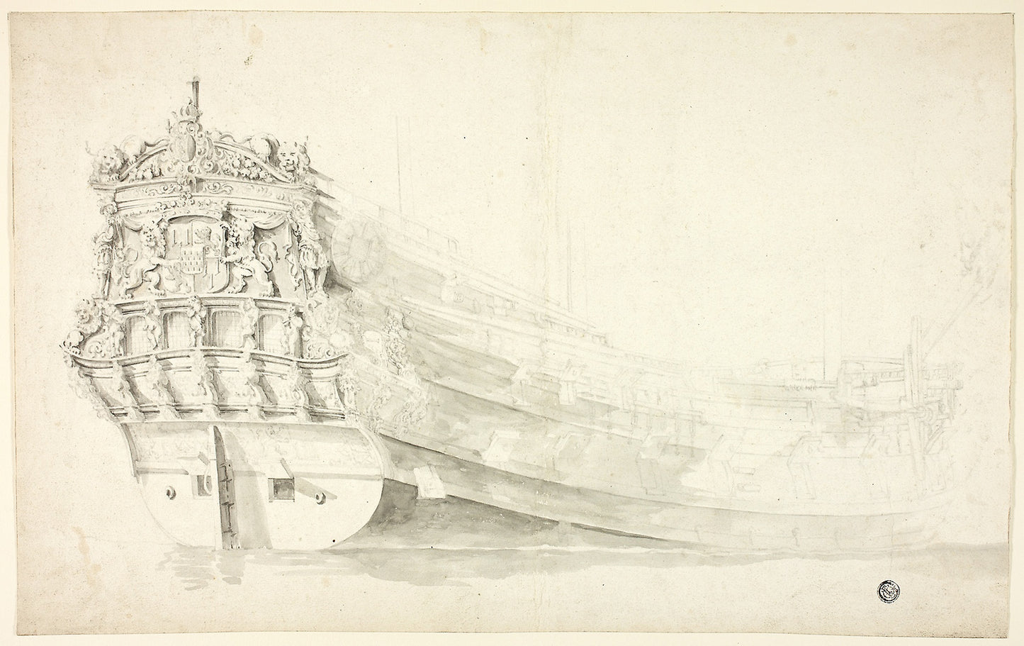 Dutch Ship with Ornamental Prow Seen from Starboard Quarter -  Attributed to Willem van de Velde, I (Dutch, c. 1611-1693),  Poster Print Wall Art