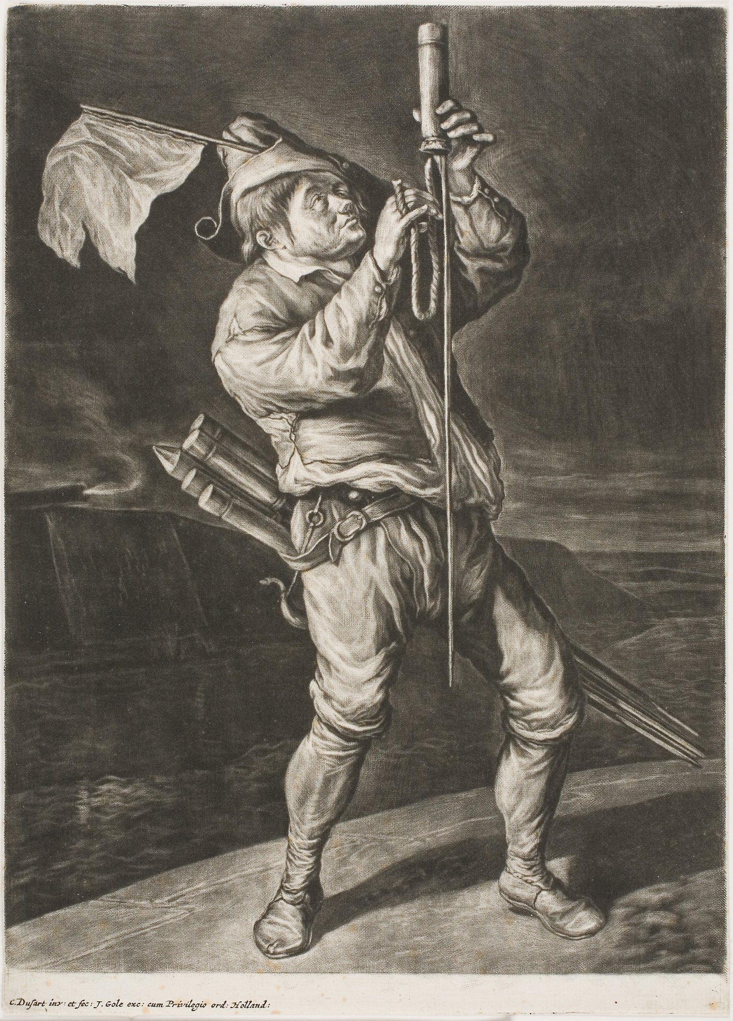 Man Lighting a Rocket, also called Peace is Better than a Victory, from Communia Gaudia (The Wide-Spread Rejoicing at the Siege of Namur) -  Cornelis Dusart (Dutch, 1660-1704),  Poster Print Wall Art