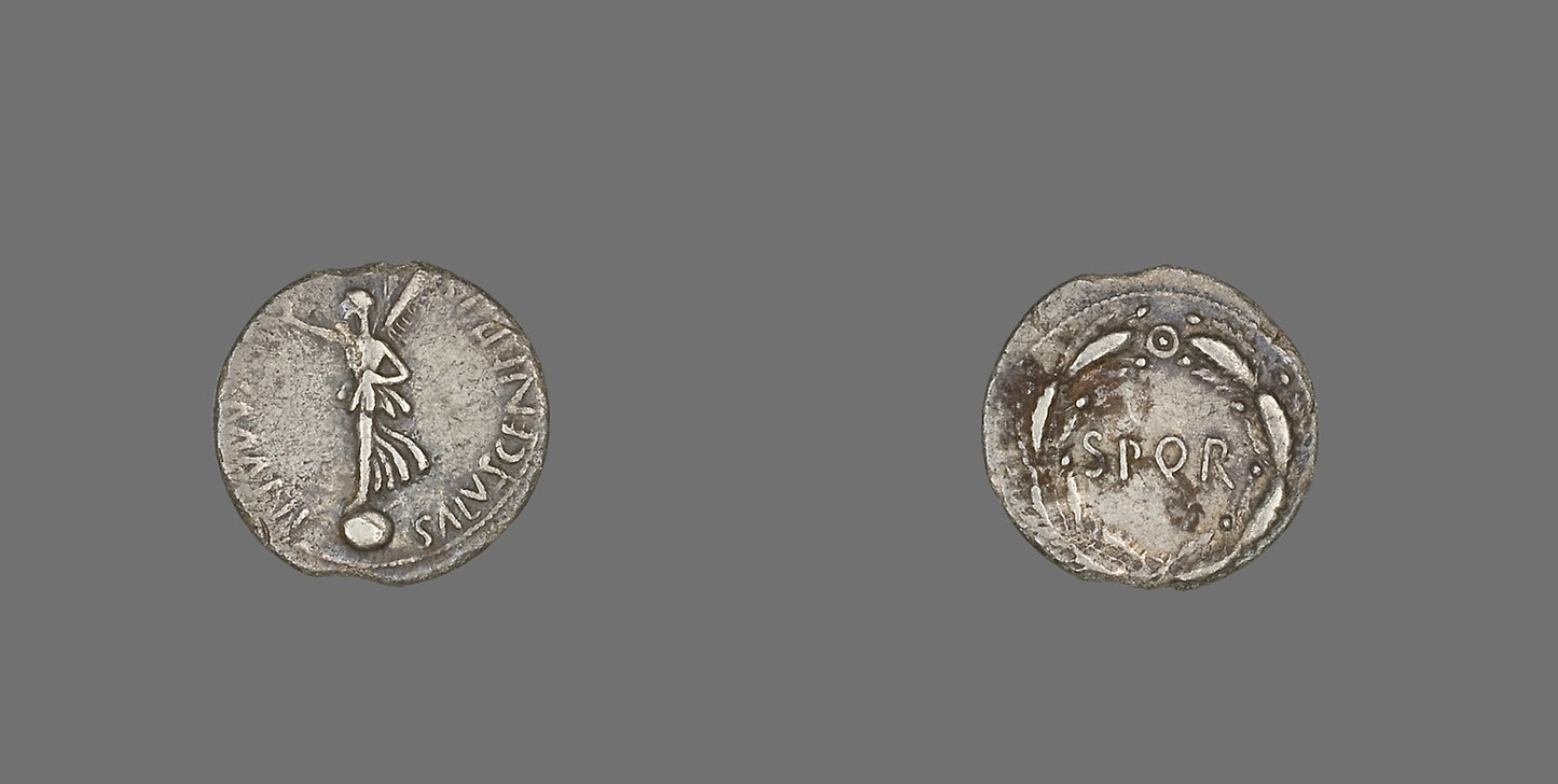 Denarius (Coin) Depicting the Goddess Victory -  Roman, minted in Gaul,  Poster Print Wall Art