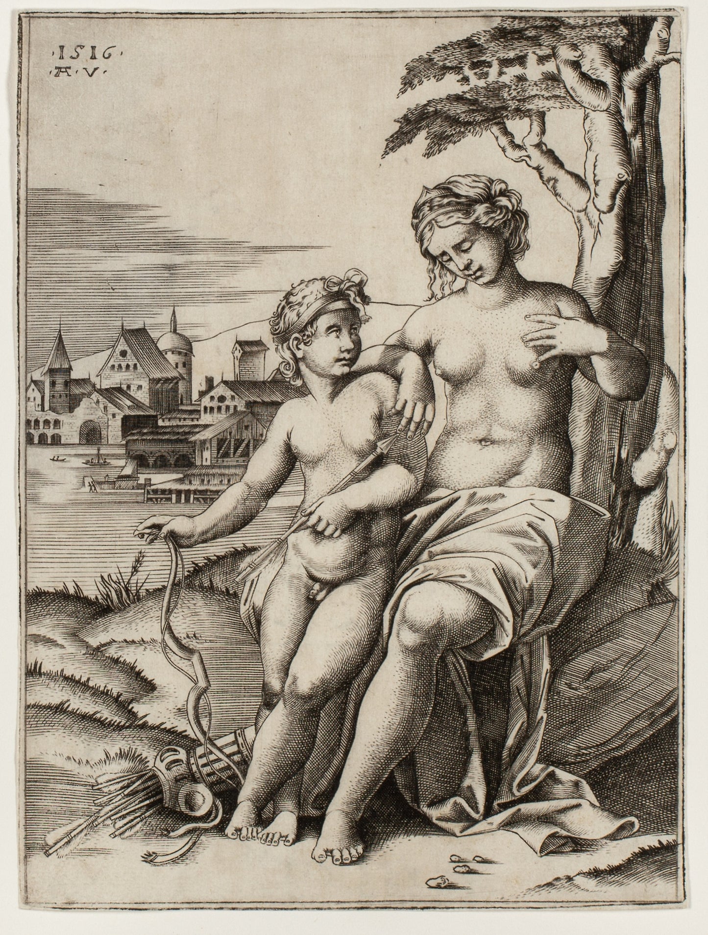 Venus Wounded -  Cupid’s Dart -  Agostino Veneziano (Italian, active 1514–1536),  Poster Print Wall Art