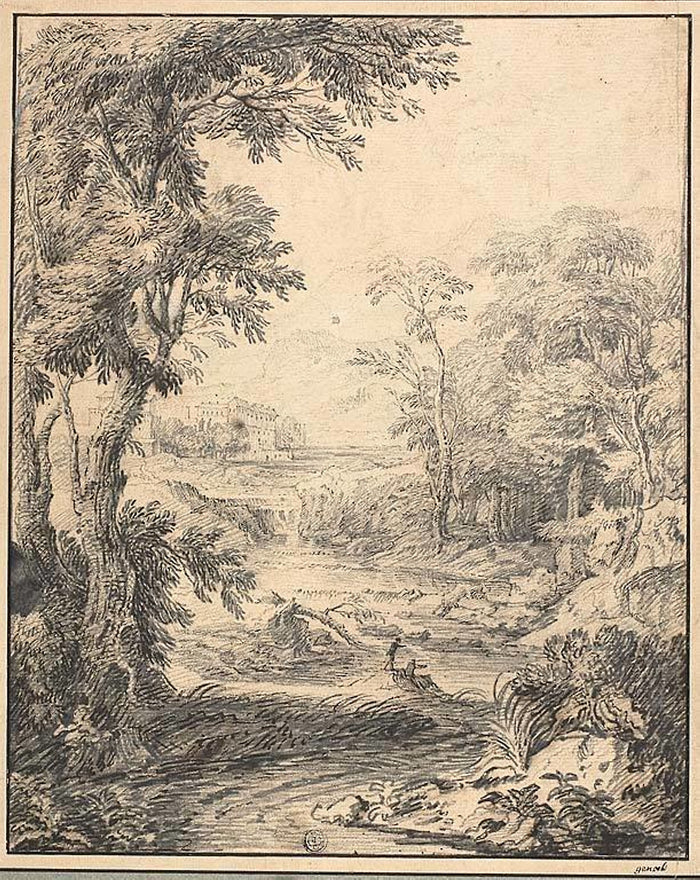 River Landscape with Two Figures in Foreground, Castle in Distance: Abraham Genoels II,16x12
