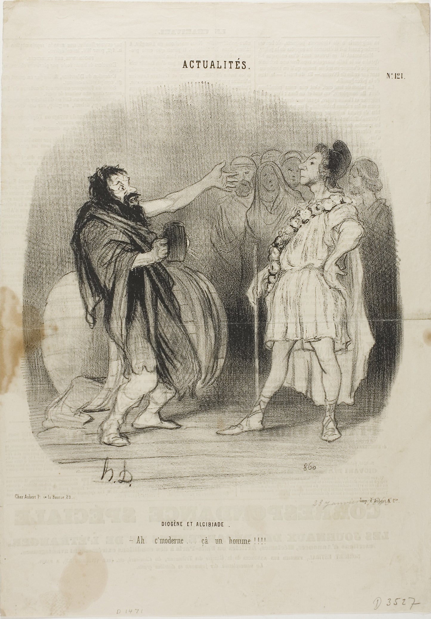 Diogenes and Alcibiades at the Odeon. “- Ah... it's modern....what a man!,” plate 121 from Actualités -  Honoré Victorin Daumier,  Poster Print Wall Art