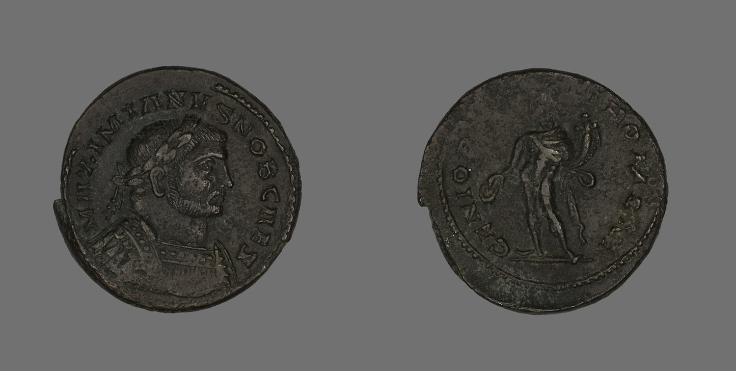 Follis (Coin) Portraying Emperor Galerius Valerius Maximianus (Galerius) -  Roman, minted in London,  Poster Print Wall Art
