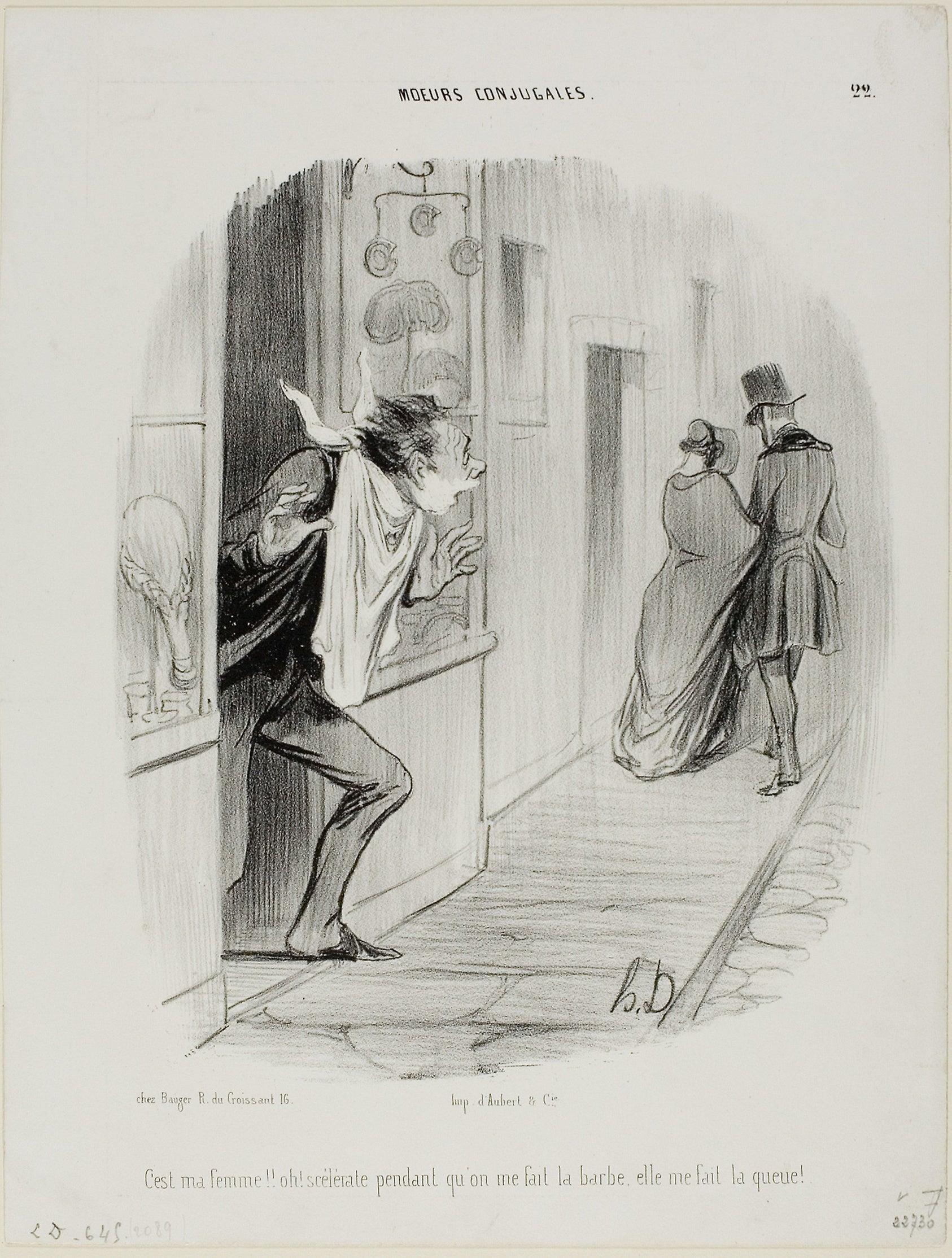 “There goes my wife!! Oh, the wretch, while I'm having a shave she's making a cuckold of me!,” plate 22 from Moeurs Conjugales: Honoré Victorin Daumier,16x12"(A3) Poster