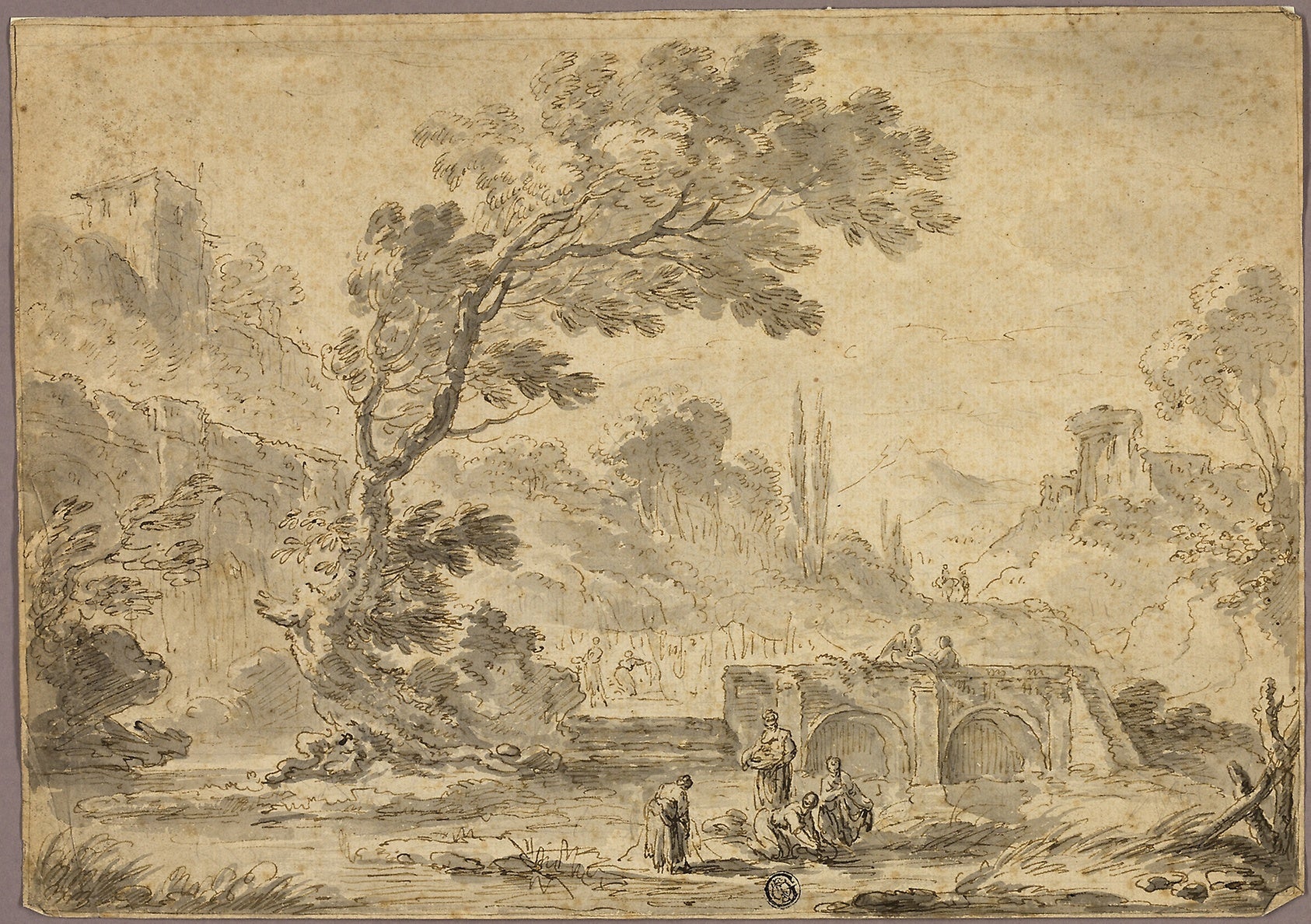 Washerwomen: Stream in Italianate Landscape: Possibly Andrea Locatelli,16x12"(A3) Poster