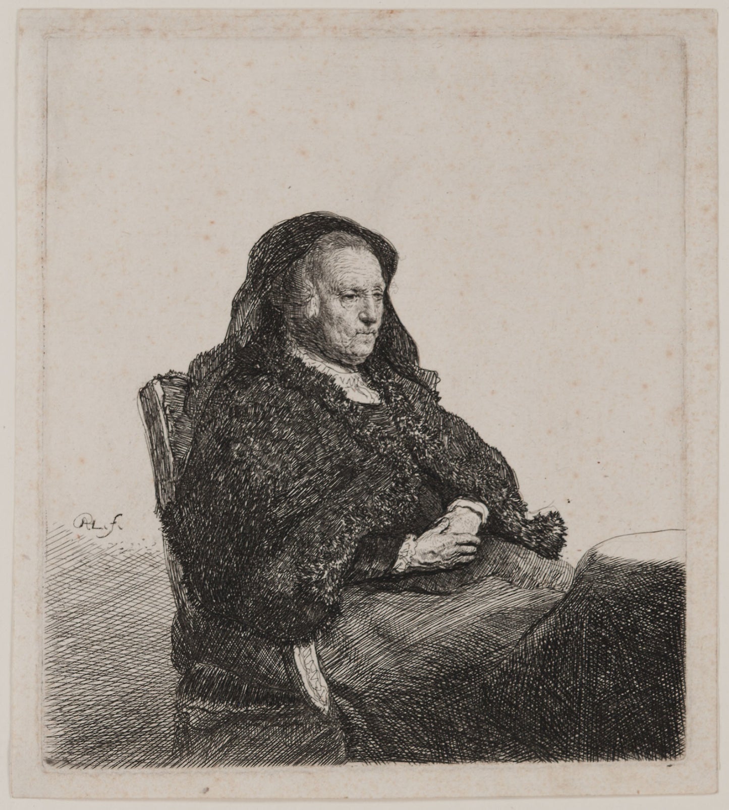 The Artist's Mother Seated at a Table, Looking Right -  Three Quarter Length -  Rembrandt van Rijn,  Poster Print Wall Art