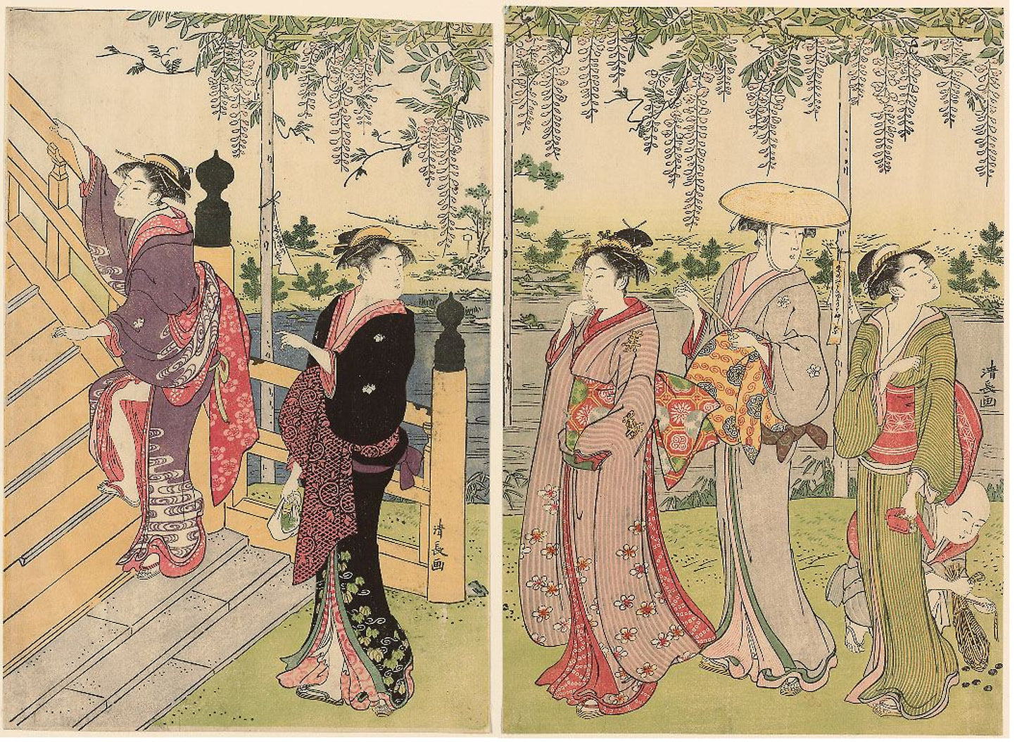 Admiring the wisteria at the Kameido Shrine -  Torii Kiyonaga,  Poster Print Wall Art