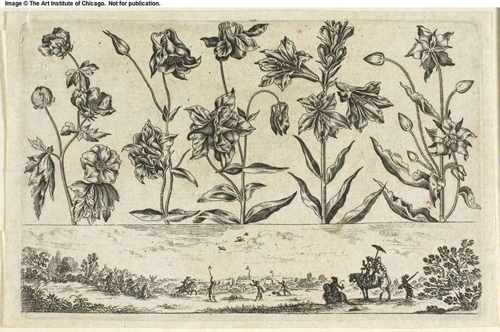 Flowers and Hunting Scene, from Livre Nouveau de Fleurs Tres-Util: Nicolas Cochin (French, 1610-1686),16x12