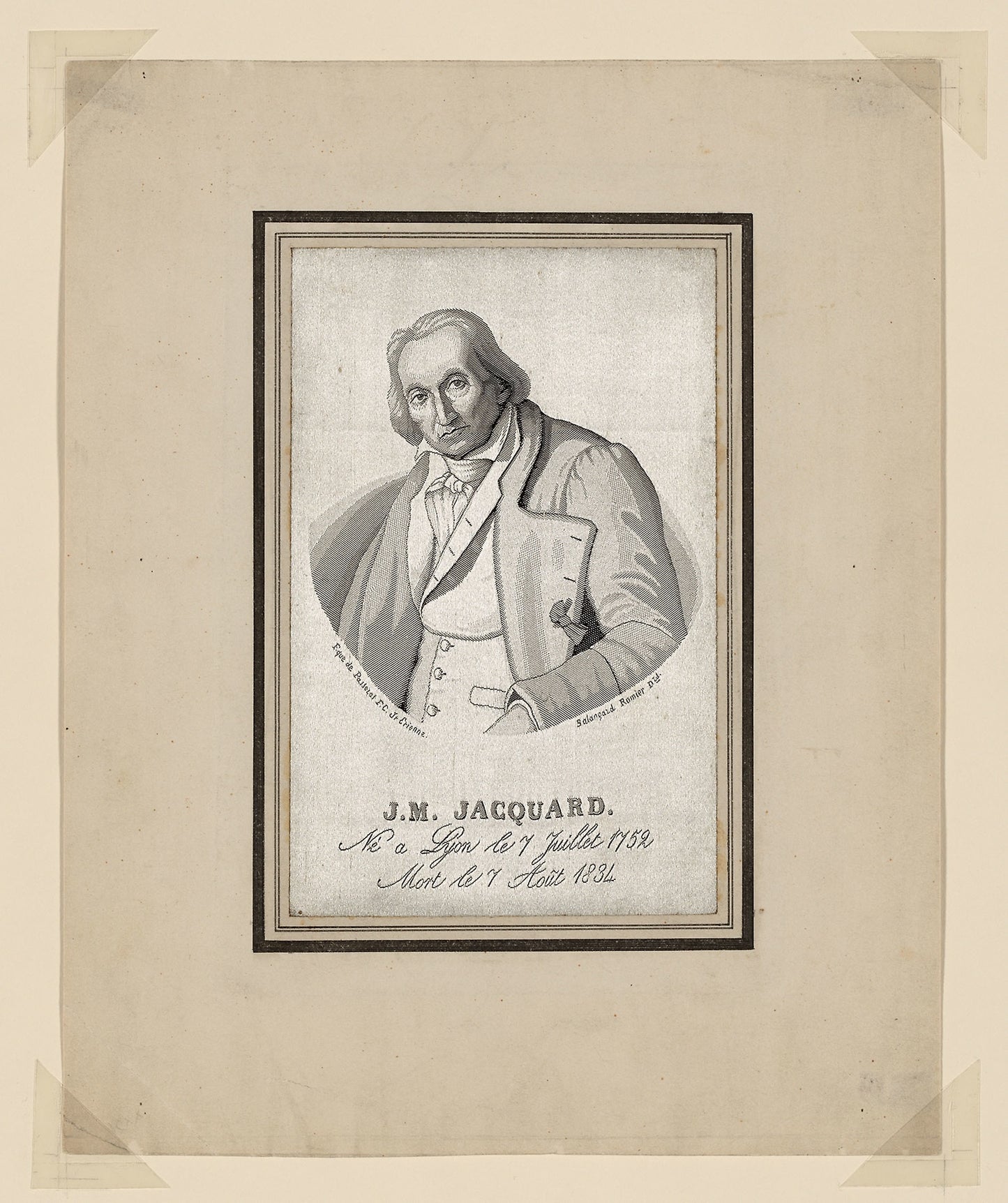 Portrait of Joseph Marie Jacquard (1752–1834) -  Designed -  Romier Balançard Dtd. (French, active c. 19th century) After a painting and engraving -  Jean-Claude Bonnefond (French, 1796–1860),  Poster Print Wall Art