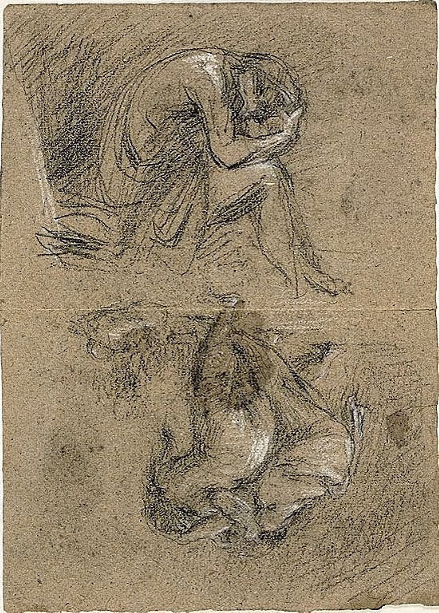 Sketches -  Seated Man with Head in Hands and Two Figures Bending Toward Others in Background (recto); Reclining Woman (verso) -  Jean Baptiste Carpeaux,  Poster Print Wall Art