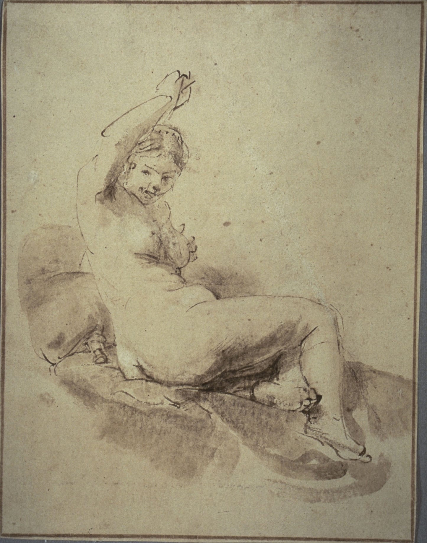 Female Nude Reclining with Arm Raised -  Follower of Rembrandt van Rijn,  Poster Print Wall Art