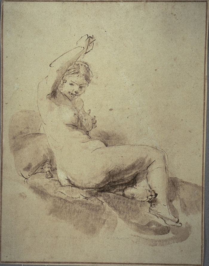 Female Nude Reclining with Arm Raised: Follower of Rembrandt van Rijn,16x12