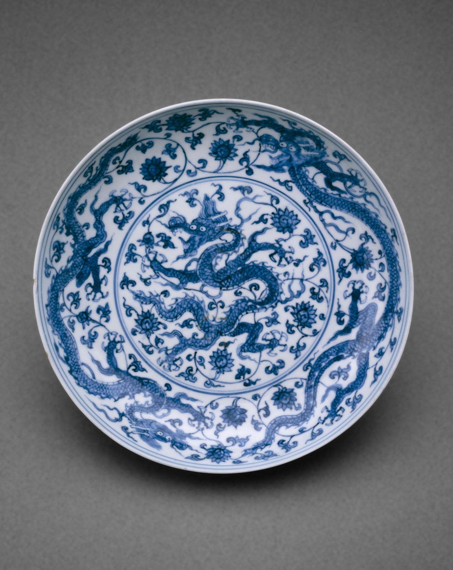 Dish with Dragons Writhing amid Floral Scrolls -  China,  Poster Print Wall Art