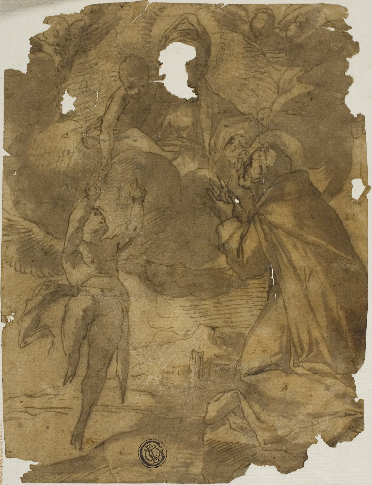 Madonna and Child Appearing to Male Saint and Angel -  Attributed to the style of Andrea Boscoli (Italian, 1550-1606),  Poster Print Wall Art