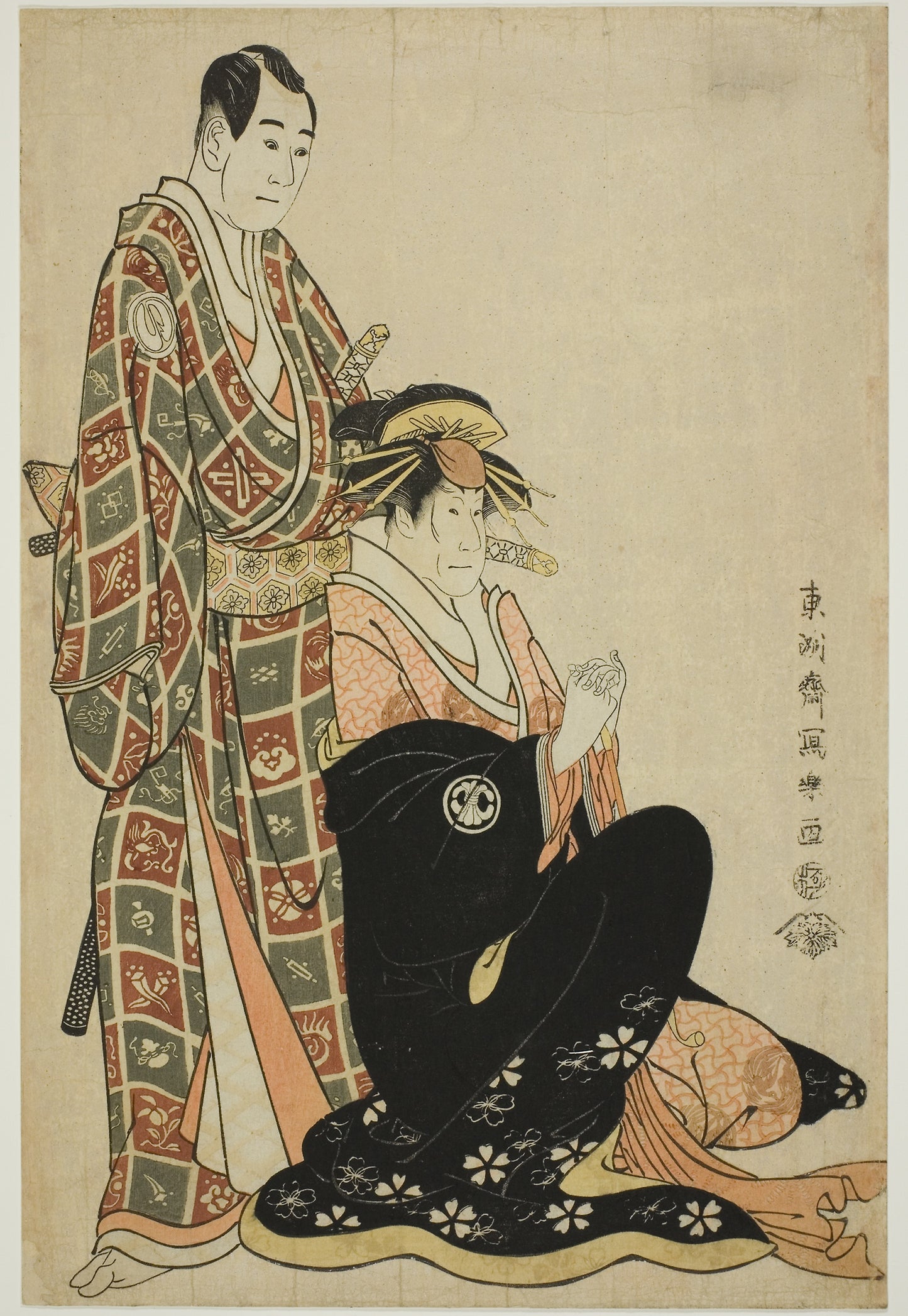 The actors Segawa Kikunojo III (R) as the courtesan Katsuragi and Sawamura Sojuro III (L) as Nagoya Sanza Motoharu -  Toshusai Sharaku ??? ??,  Poster Print Wall Art