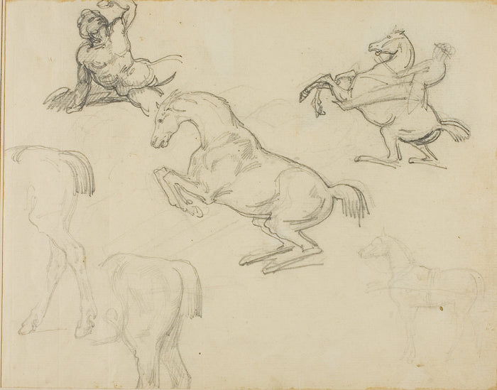 Sketches: Reclining Nude, a Horseman and Various Horses: Jean Louis André Théodore Géricault,16x12