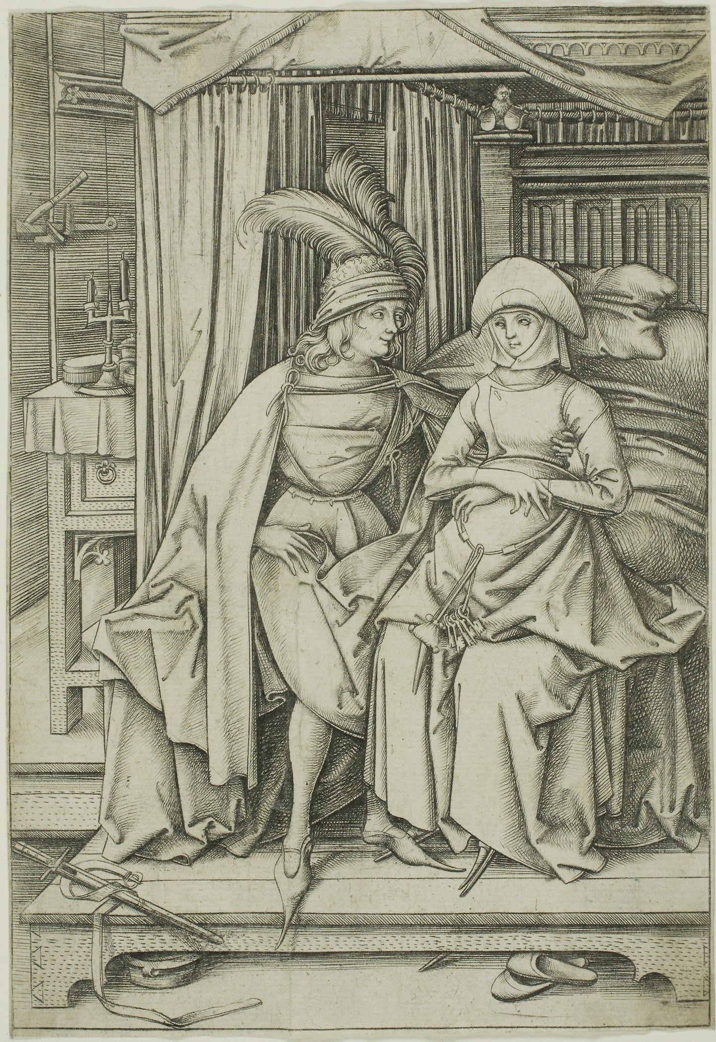 A Man and Woman Seated on a Bed: Israhel van Meckenem,16x12"(A3) Poster