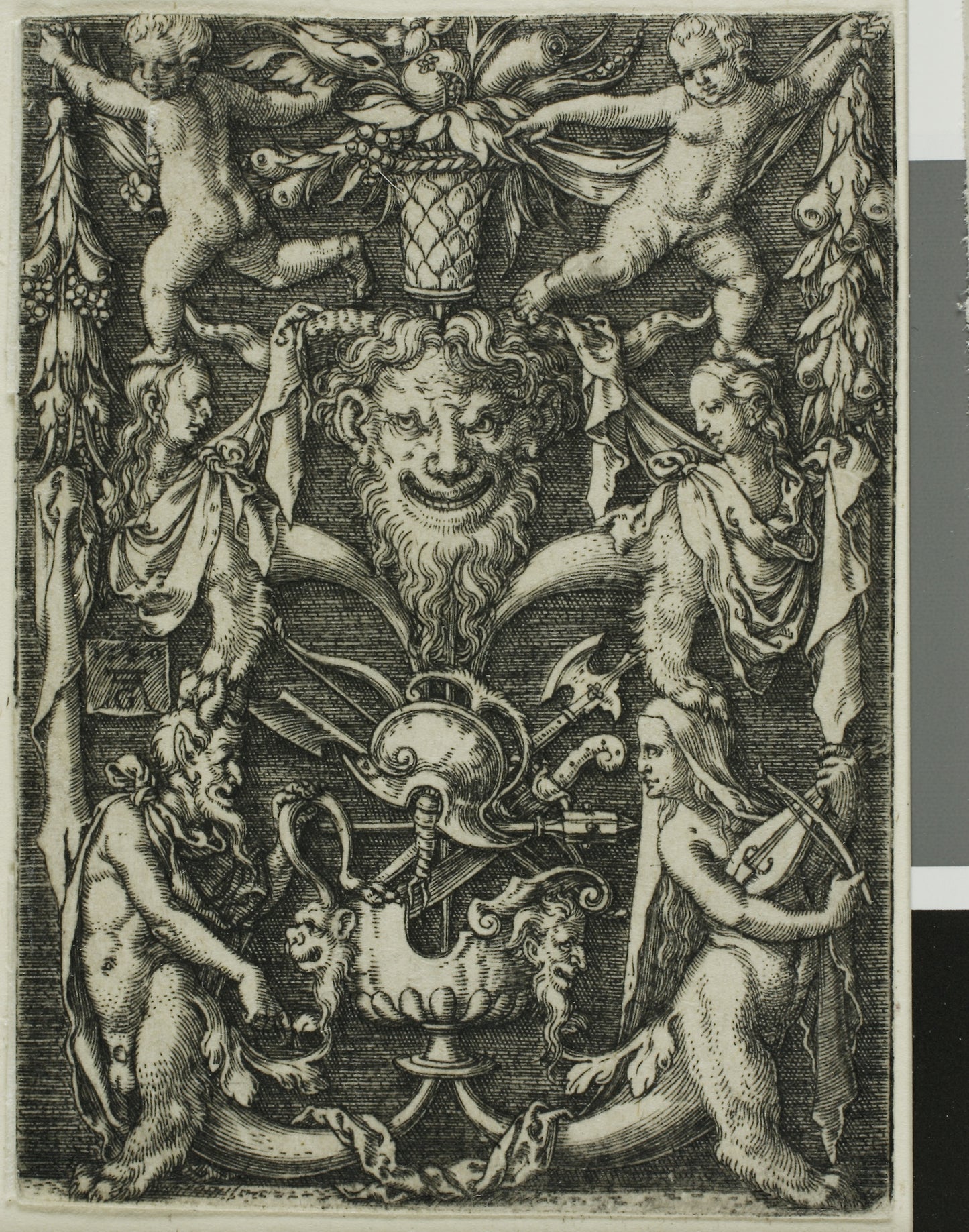 Ornamental Design with a Couple of Satyrs, Children and a Trophy -  Heinrich Aldegrever,  Poster Print Wall Art