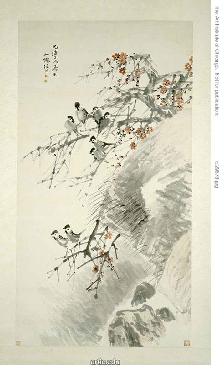 Birds on Red Plum: Ren Yi [Ren Bonian],16x12