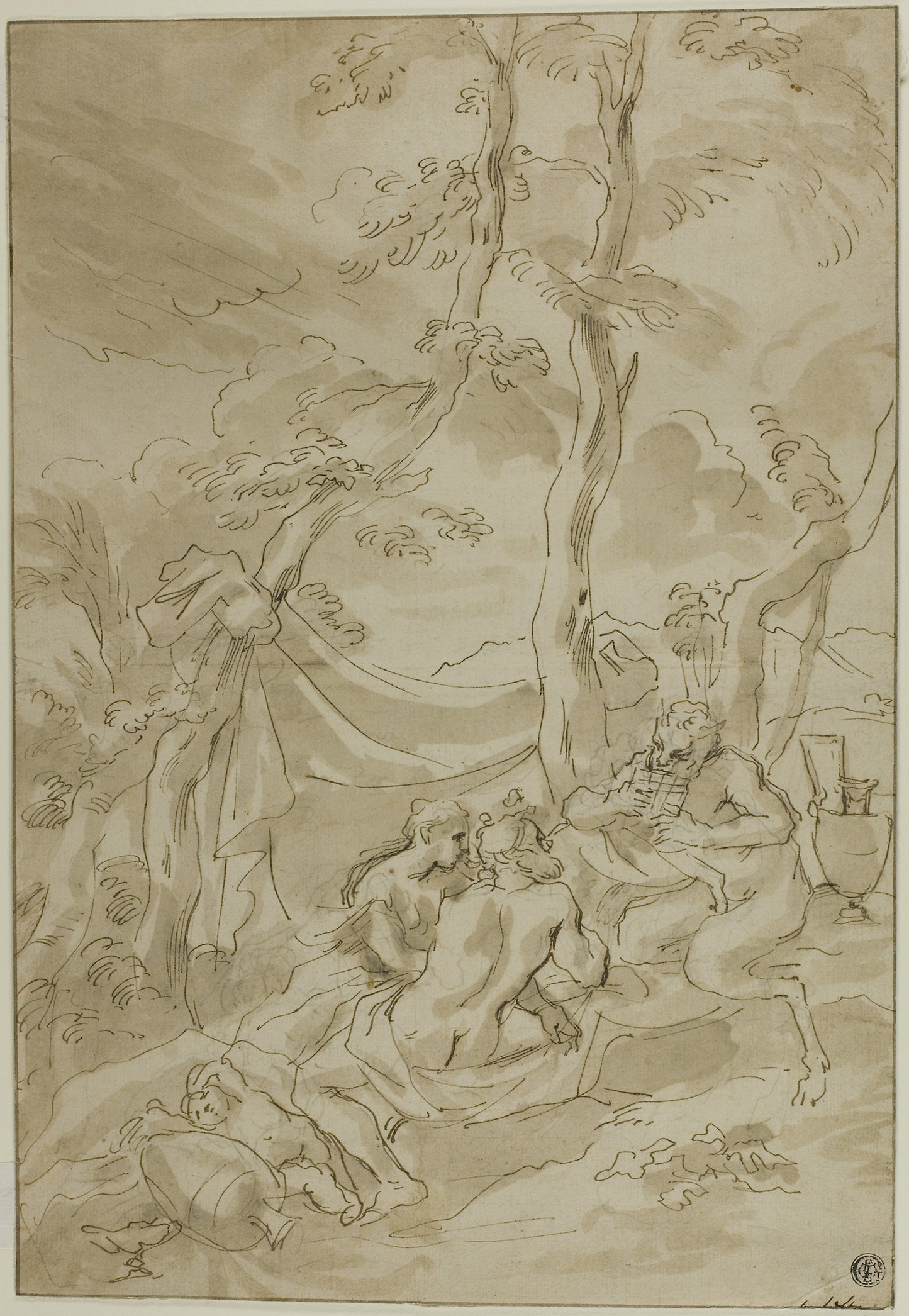 Bacchanale, with Satyr Playing Reeds -  Circle of Bartolomeo Biscaino (Italian, 1632-1657),  Poster Print Wall Art