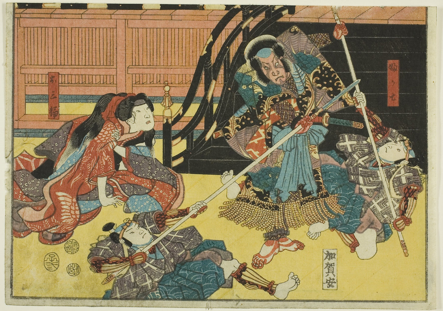 Actors as Fukashichi and Omiwa from the play "Imoseyama," from an untitled series of half-block images of kabuki scenes -  Utagawa Kunisada I (Toyokuni III),  Poster Print Wall Art