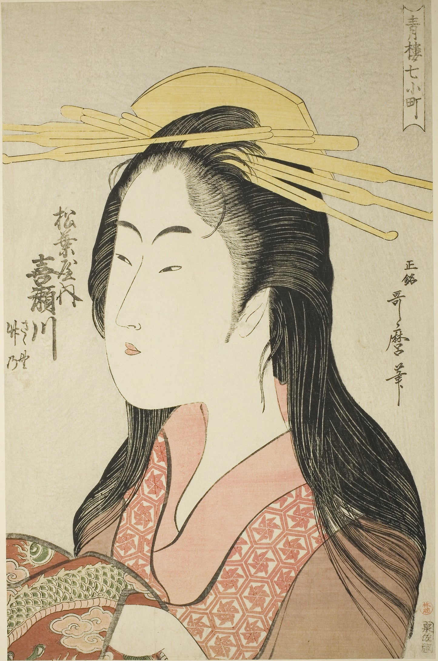 Kisegawa of the Matsubaya, [whose attendants are] Sasano, Takeno (Matsubaya uchi Kisegawa, Sasano, Takeno), from the series “Seven Komachi of Yoshiwara” ("Seiro nana Komachi") -  Kitagawa Utamaro ??? ??,  Poster Print Wall Art
