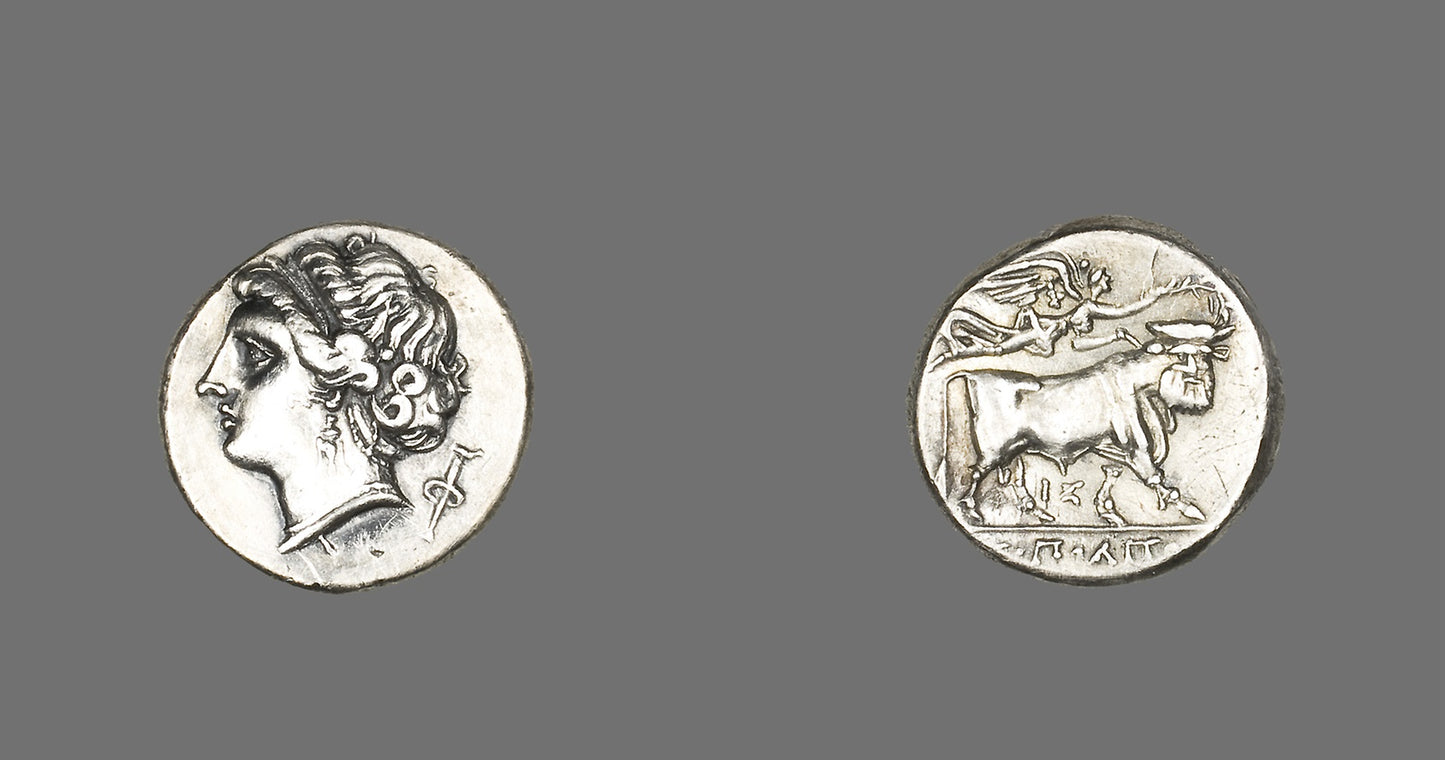Stater (Coin) Depicting the Siren Parthenope -  Greek, minted in Neapolis (Naples), Italy,  Poster Print Wall Art