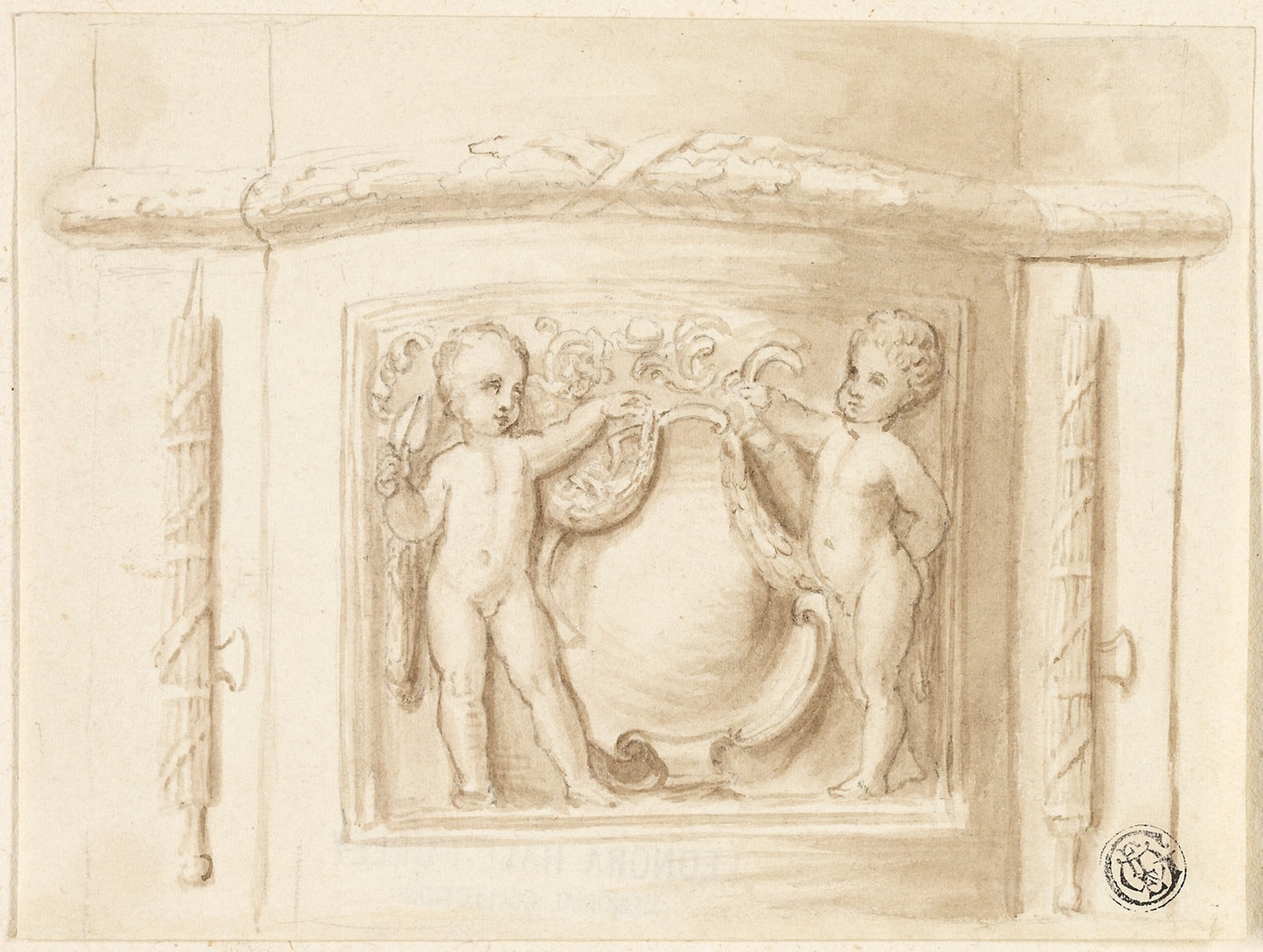 Base of Pilaster with Relief, with 2 Putti, Shield -  Attributed to Thomas Stothard,  Poster Print Wall Art