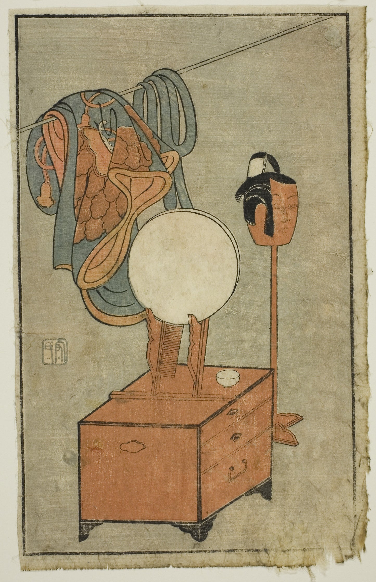 Actor's dressing table, from "A Picture Book of Stage Fans (Ehon butai ogi)" -  Ippitsusai Buncho,  Poster Print Wall Art