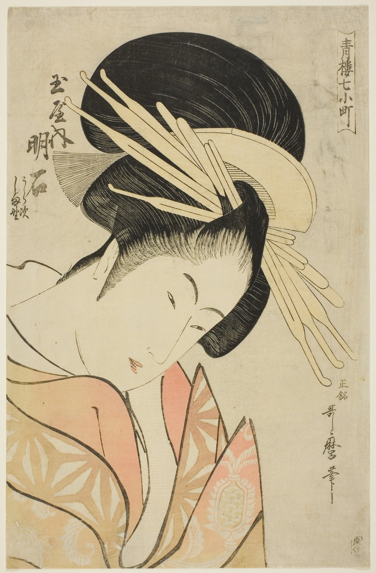 Akashi of the Tamaya, from the series Seven Komachis of Yoshiwara (Seiro nana Komachi) (Tamaya uchi Akashi, Uraji, Shimano) -  Kitagawa Utamaro ??? ??,  Poster Print Wall Art