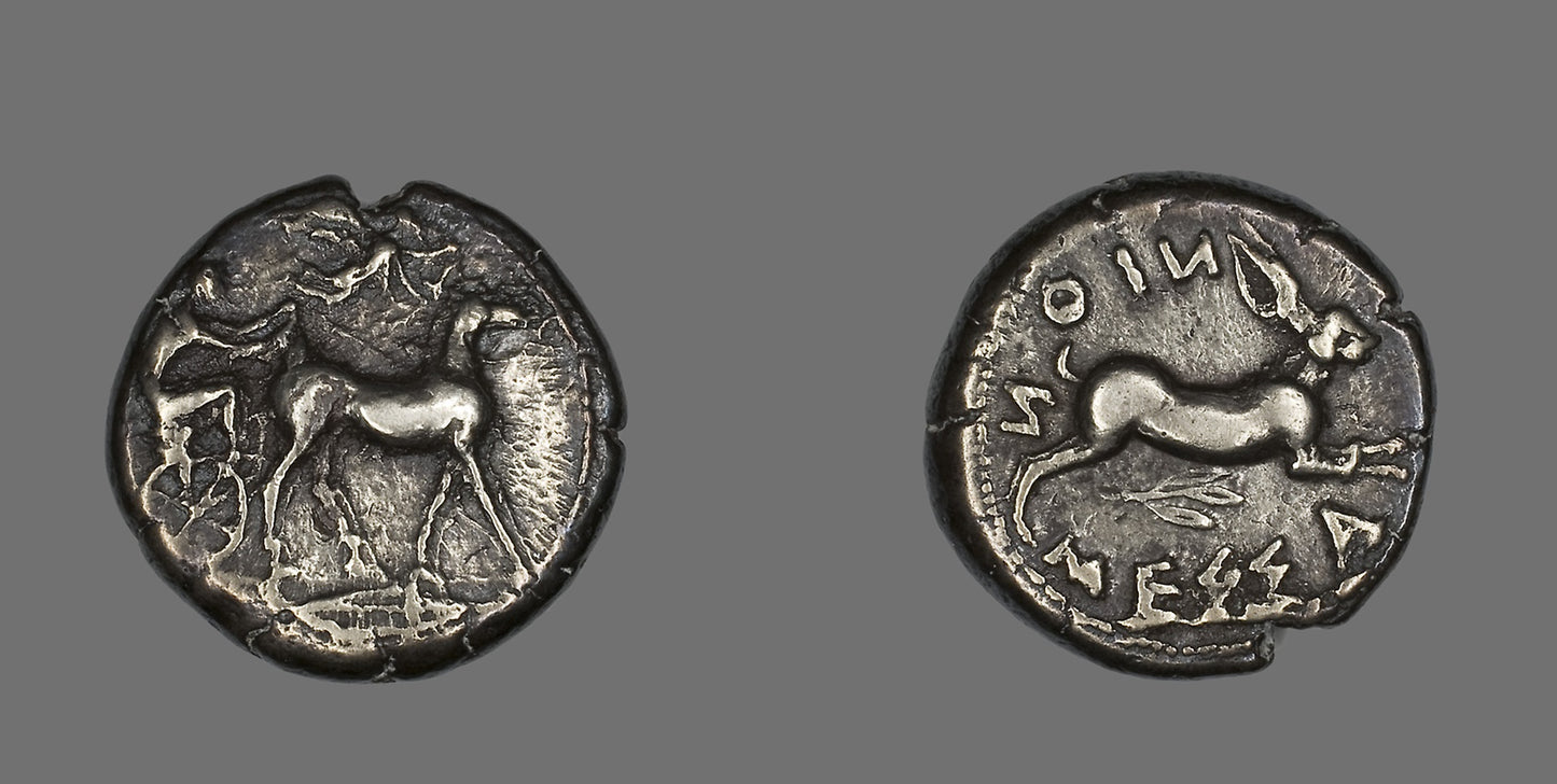 Tetradrachm (Coin) Depicting a Biga of Mules -  Greek; Messina, Sicily,  Poster Print Wall Art