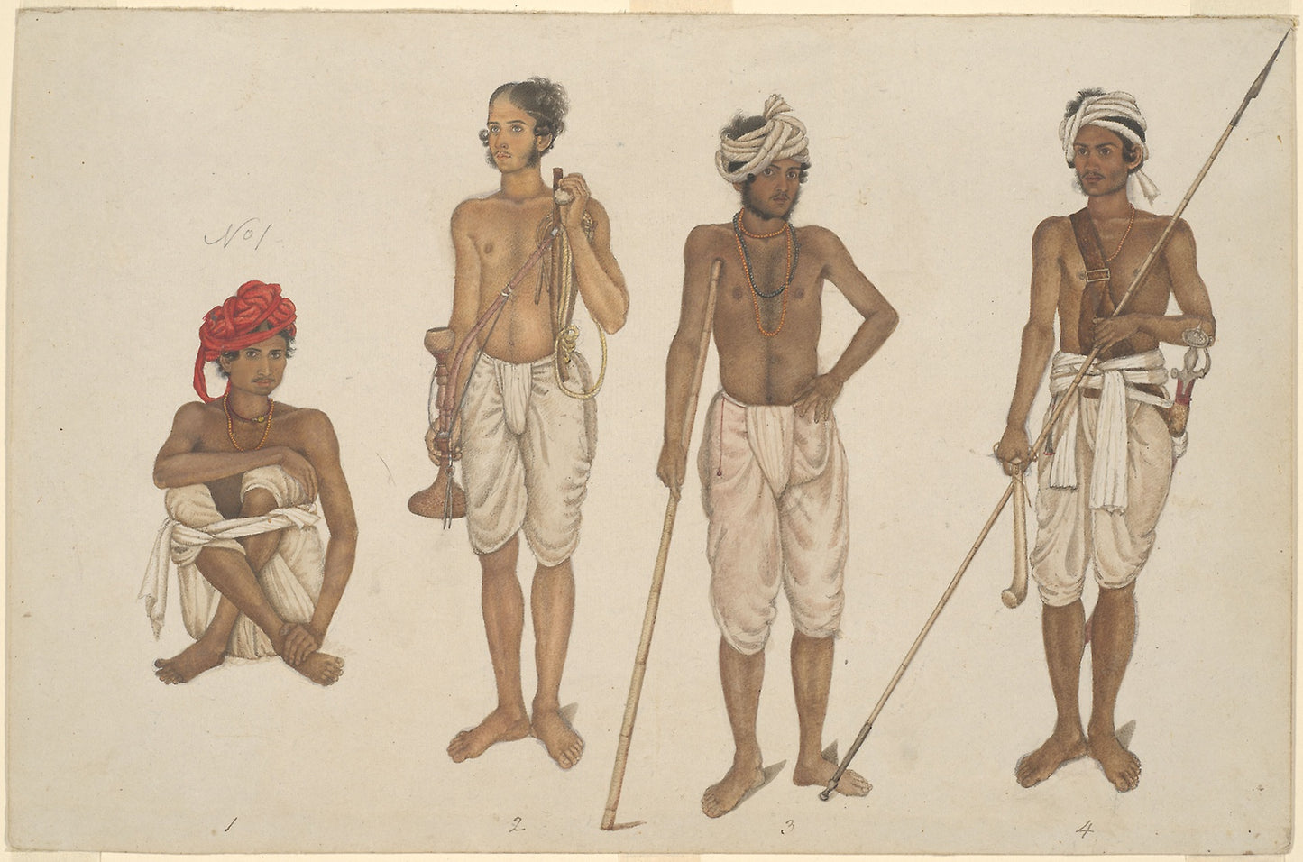 Four Recruits in White Dhotis, page from the Fraser Album -  India,  Poster Print Wall Art