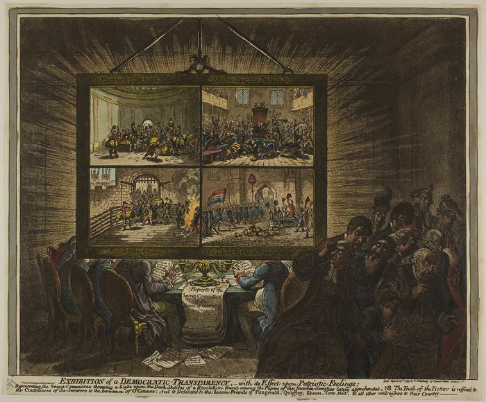 Exhibition of a Democratic Transparency, with its Effect Upon Patriotic Feelings: James Gillray (English, 1756-1815),16x12