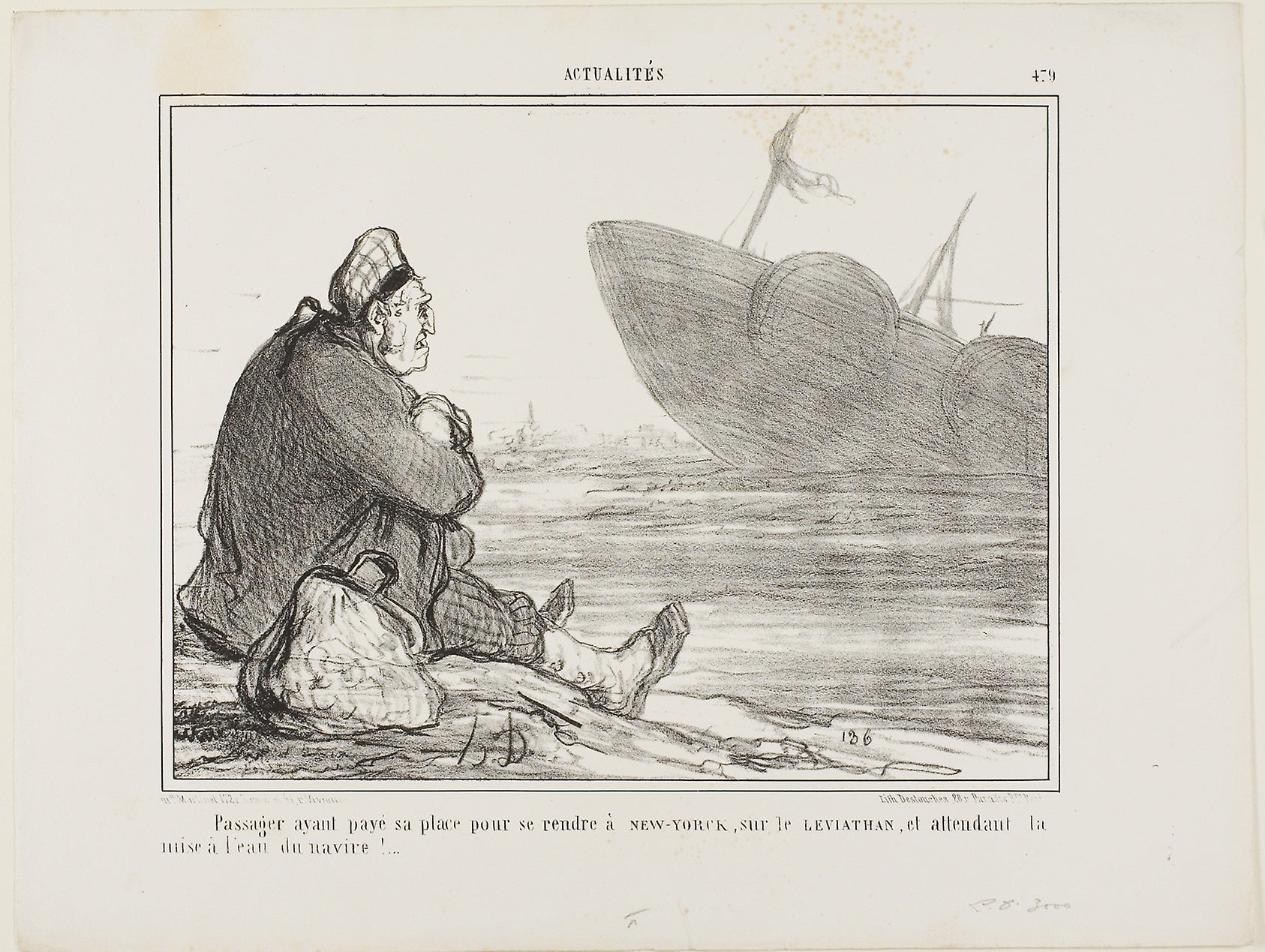 A passenger having paid his ticket to NEW YORK on the LEVIATHAN, waiting for the ship finally being put into the water, plate 479 from Actualités: Honoré Victorin Daumier,16x12"(A3) Poster