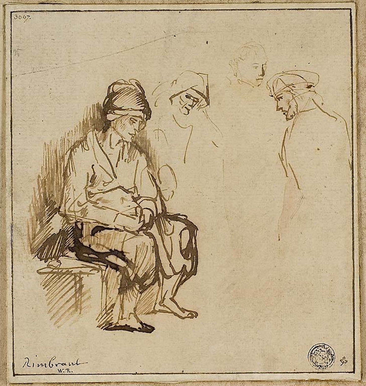 Woman Seated on Bench and Three Sketches of Heads -  School of Rembrandt van Rijn (Dutch, 1606-1669),  Poster Print Wall Art
