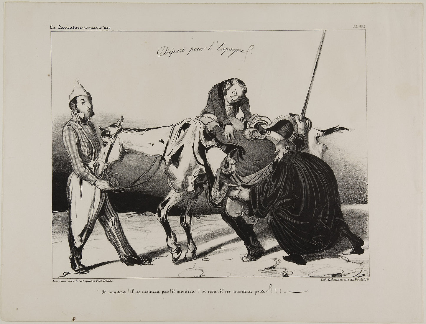 Departure for Spain. “He will mount! he will not mount! he will mount! and no, he will not mount!!!,” plate 498 -  Honoré Victorin Daumier,  Poster Print Wall Art