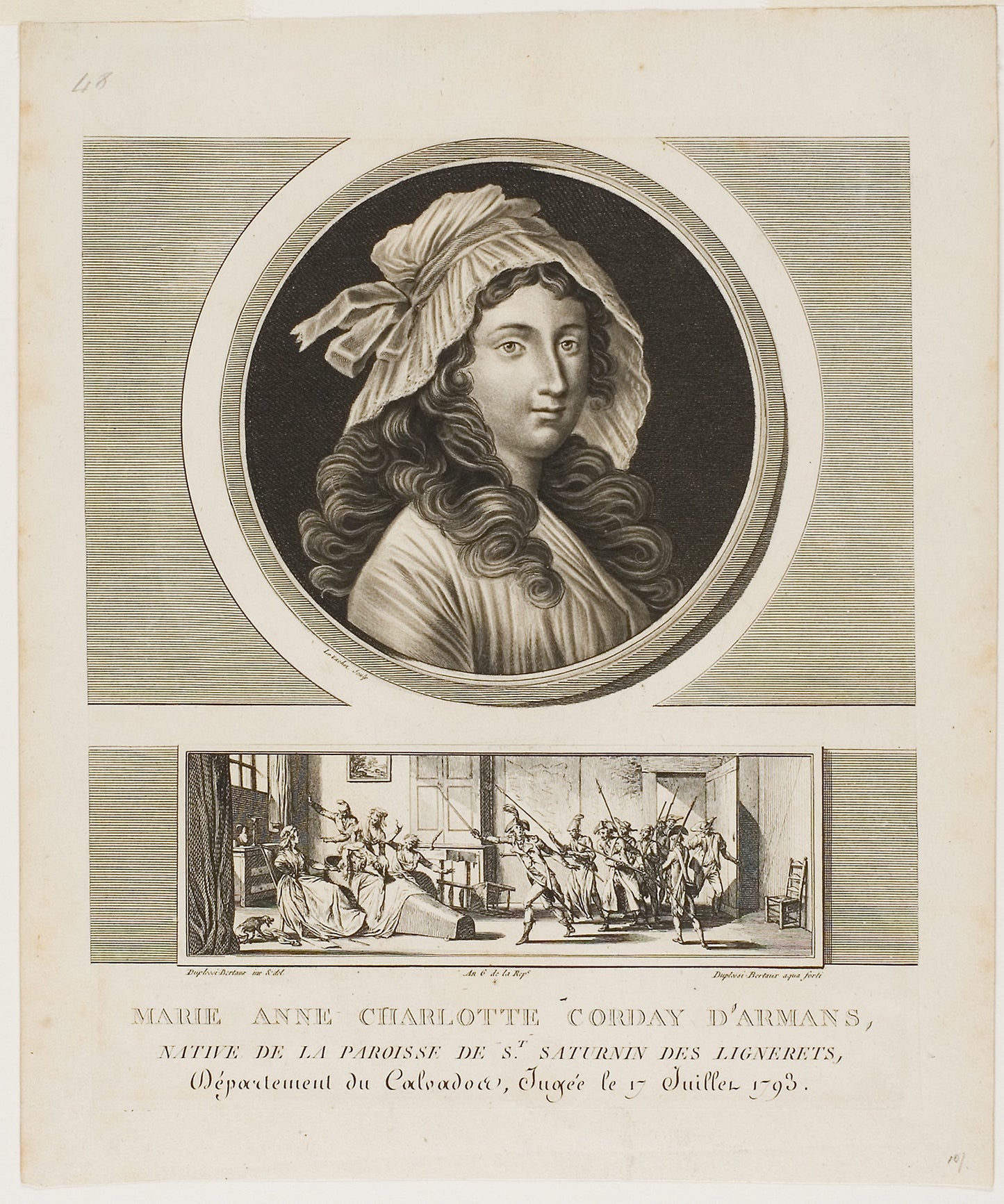 Marie Anne Charlotte Corday d'Armans, from Tableaux historiques de la Révolution francaise, volume III -  Jean Duplessi-Bertaux (French, 1747-1819) and,  Poster Print Wall Art