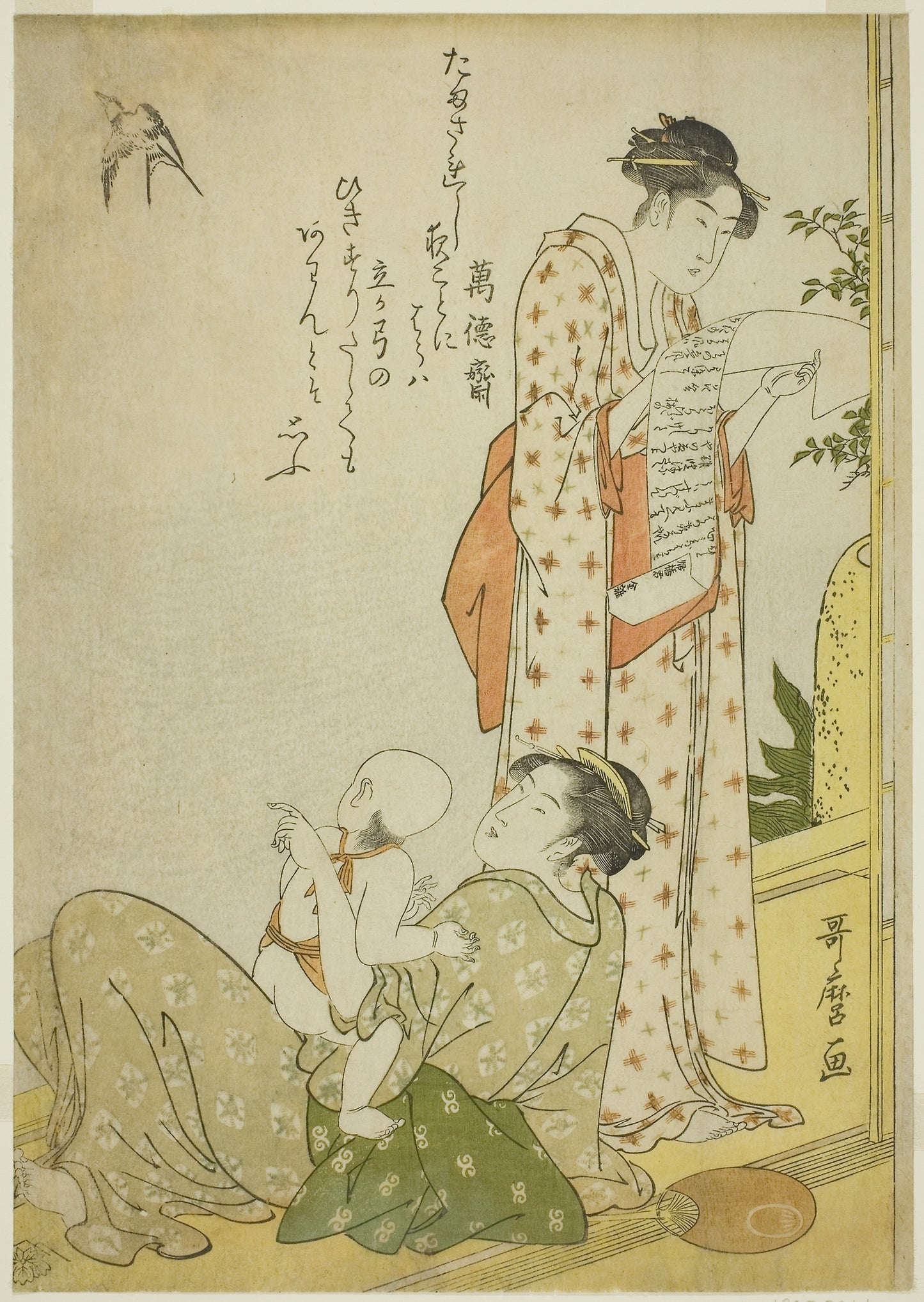 Evening Cool on the Verandah (Ensaki no yusuzumi) -  Genre scenes with kyoka poems, in aiban format (Kyoka-iri aiban fuzoku zu) -  Kitagawa Utamaro ??? ??,  Poster Print Wall Art