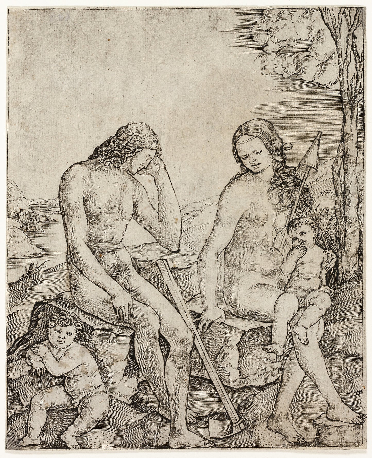 Adam and Eve with Infants Cain and Abel -  Cristofano Robetta,  Poster Print Wall Art
