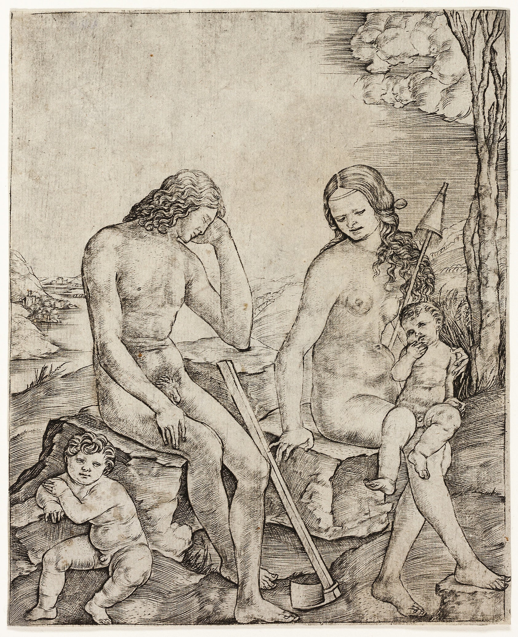 Adam and Eve with Infants Cain and Abel: Cristofano Robetta,16x12"(A3) Poster